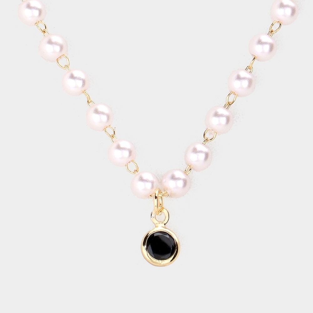 Black Pearl Necklace Round Stone Pendant Link Jewelry Accessory - Picture 1 of 3